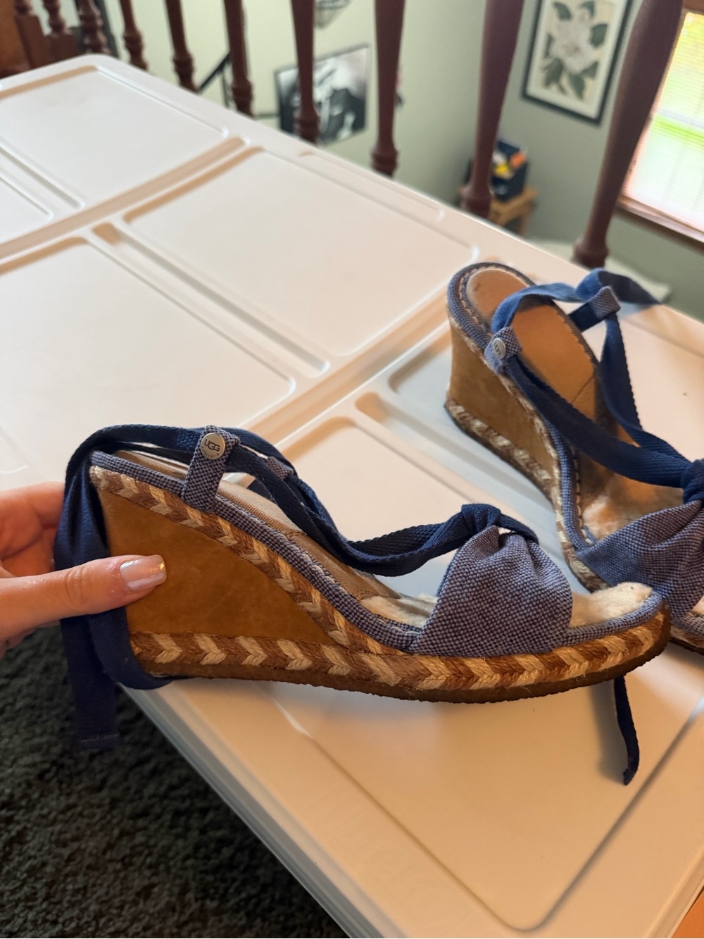UGG Navy Canvas Wedge Sandals with Espadrille Jute
